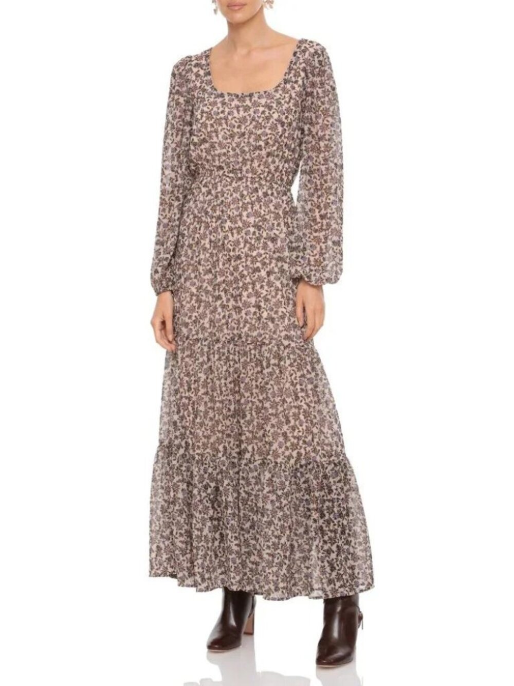 New Bagatelle Floral Chiffon Boho Maxi Dress Ecru Blue 4, Small